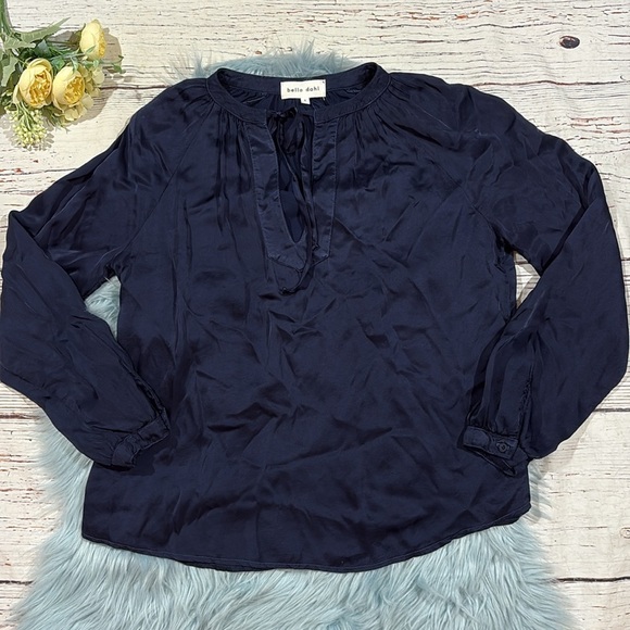 Bella Dahl Navy Satin Tie Neck Blouse - Picture 5 of 8